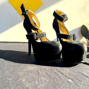 Black Buckle Strap Heels velvet